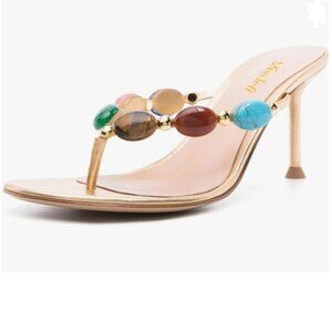 miss left Gold Jewelled Open Toe Flip Flops Thin High Heel Slip on Thong Sandals